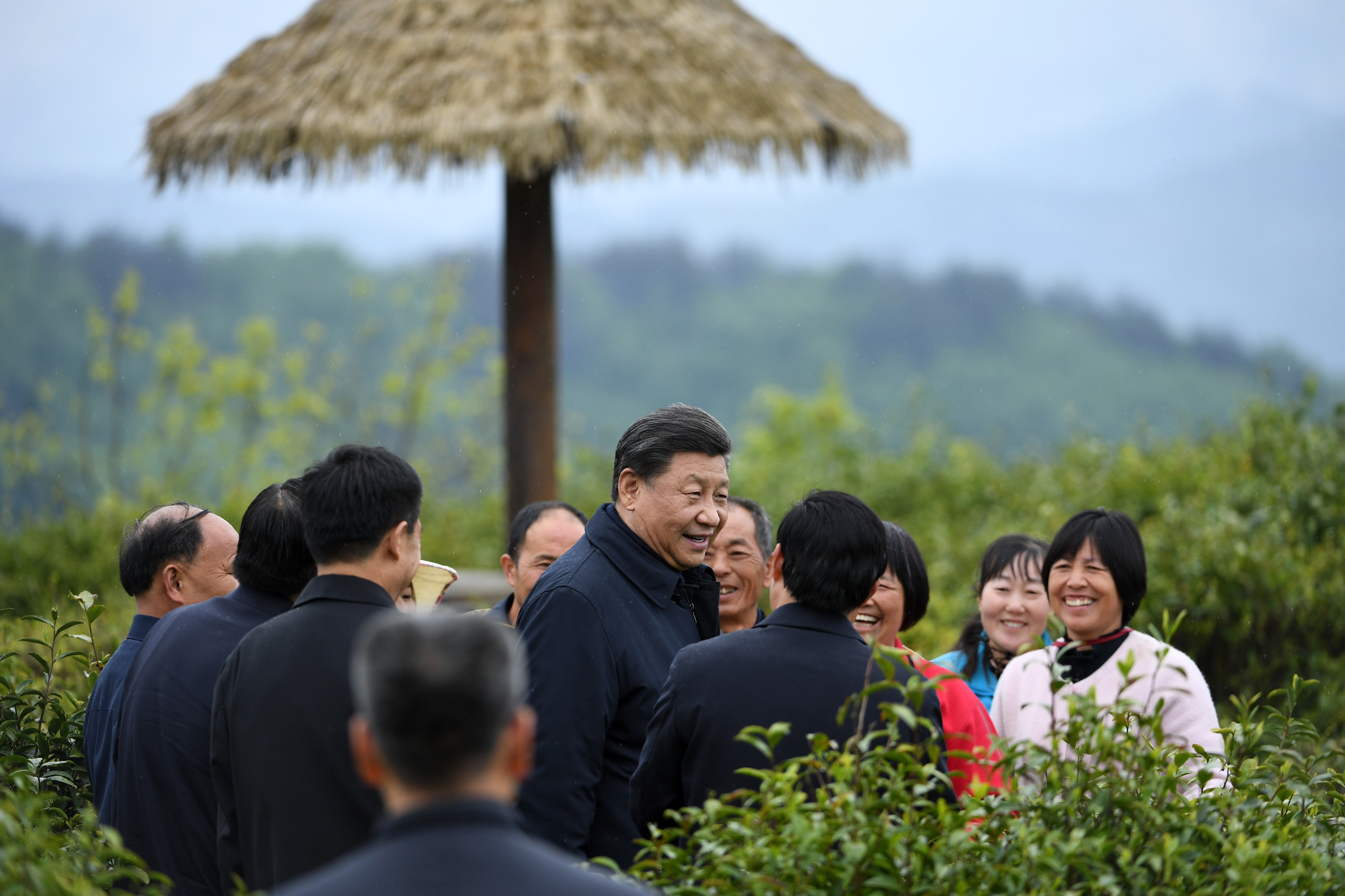 2020年4月21日，習(xí)近平在安康市平利縣老縣鎮(zhèn)蔣家坪村女媧鳳凰茶業(yè)現(xiàn)代示范園區(qū)，同茶農(nóng)們親切交談。